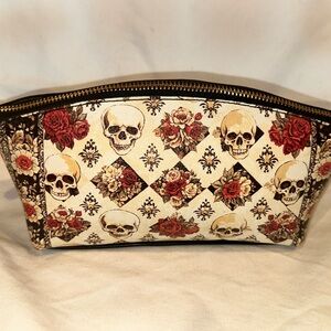 Skull & Rose Printed Cosmetic Bag - Cream and Red